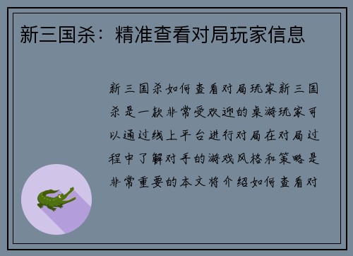 新三国杀：精准查看对局玩家信息